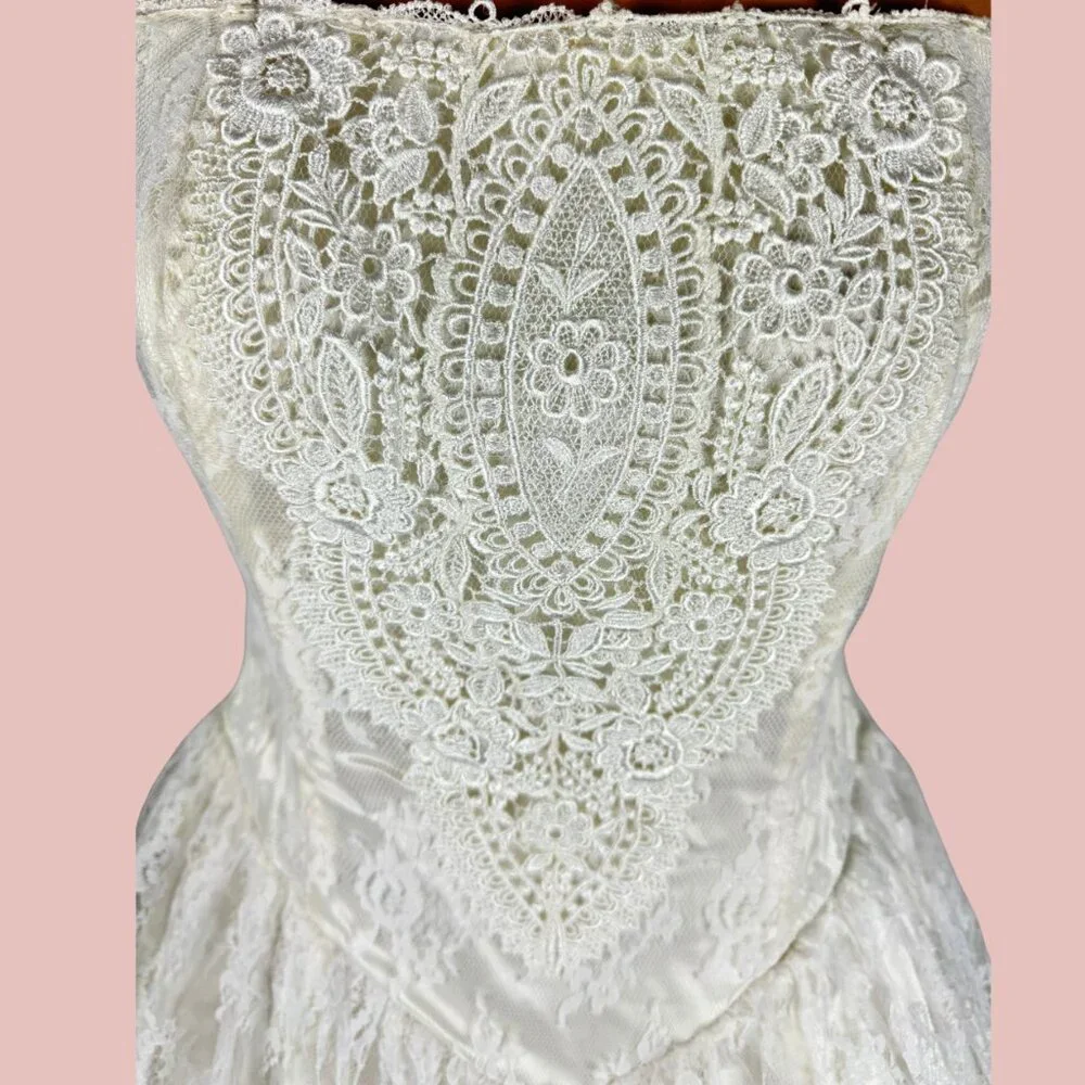 Vintage Scott McClintock 80s Strapless White Lace Wedding Dress Set 1950s style - Picture 6 of 16